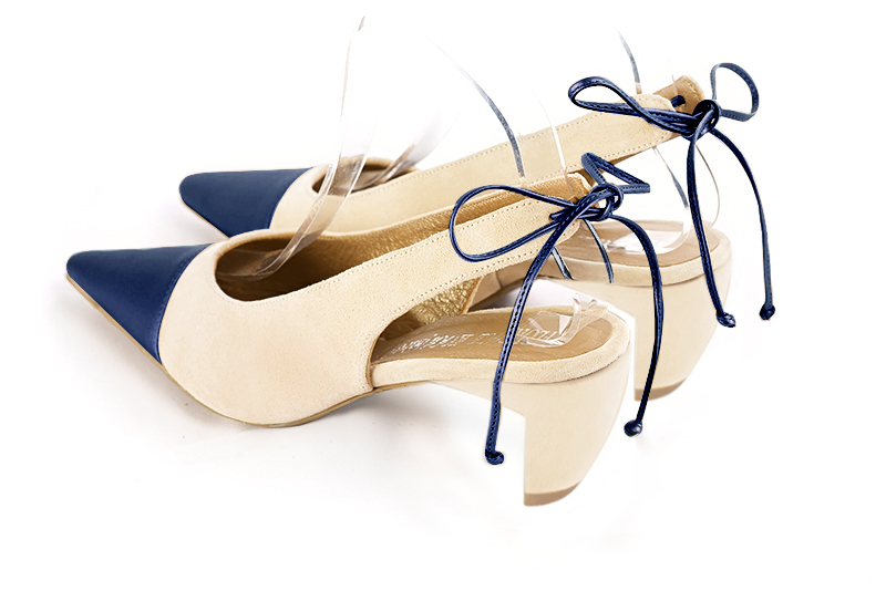 Prussian blue and champagne beige women's slingback shoes. Pointed toe. Medium comma heels. Rear view - Florence KOOIJMAN